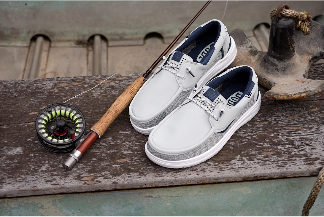 HEYDUDE Welsh Grip Classic Mesh Cotton Blend Men's Storm Gray/Navy Blazer Boat Shoes