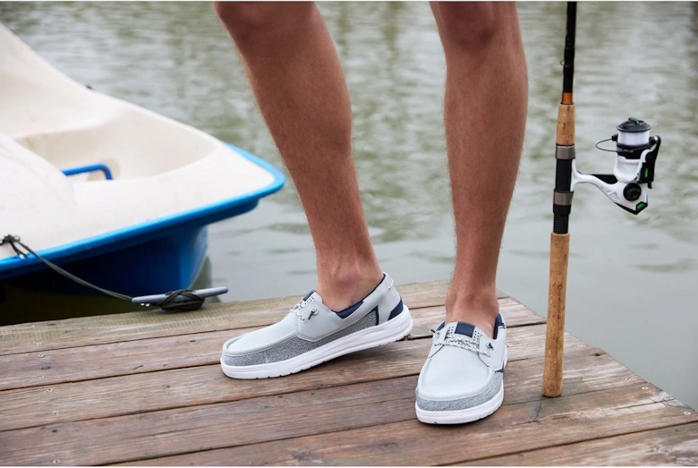 HEYDUDE Welsh Grip Classic Mesh Cotton Blend Men's Storm Gray/Navy Blazer Boat Shoes