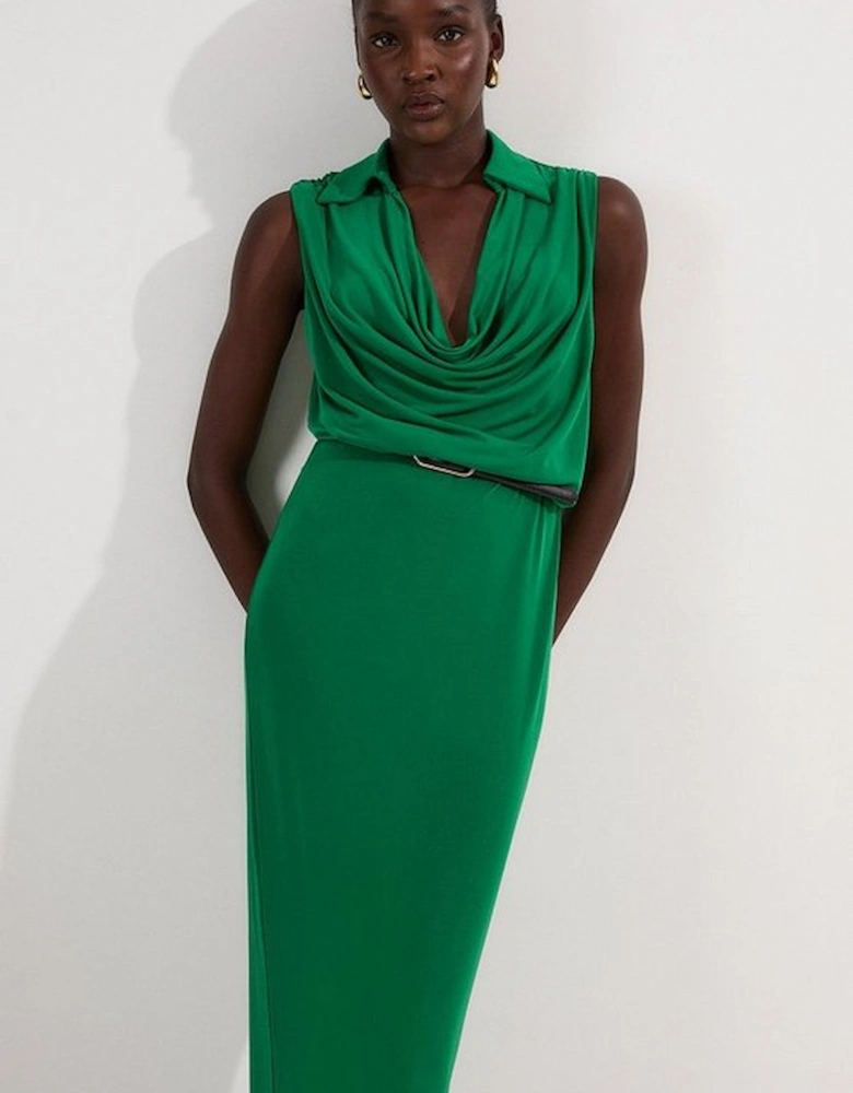 Drape Collared Crepe Maxi Dress