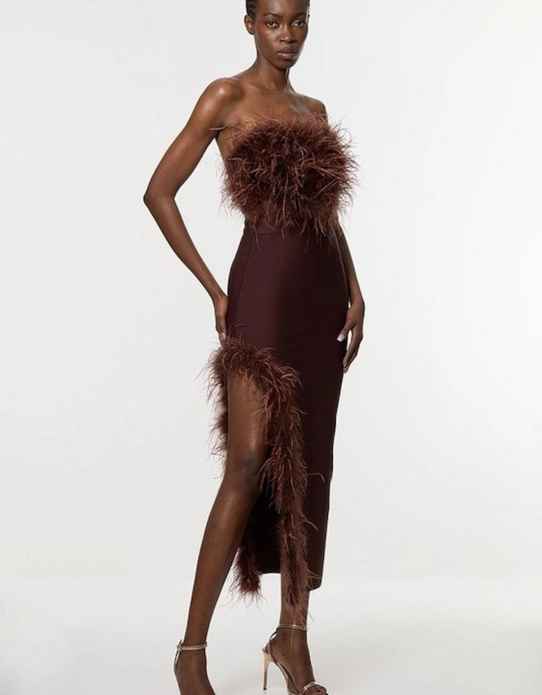 Figure Form Bandage Feather Detail Bandeau Knit Midi Dress