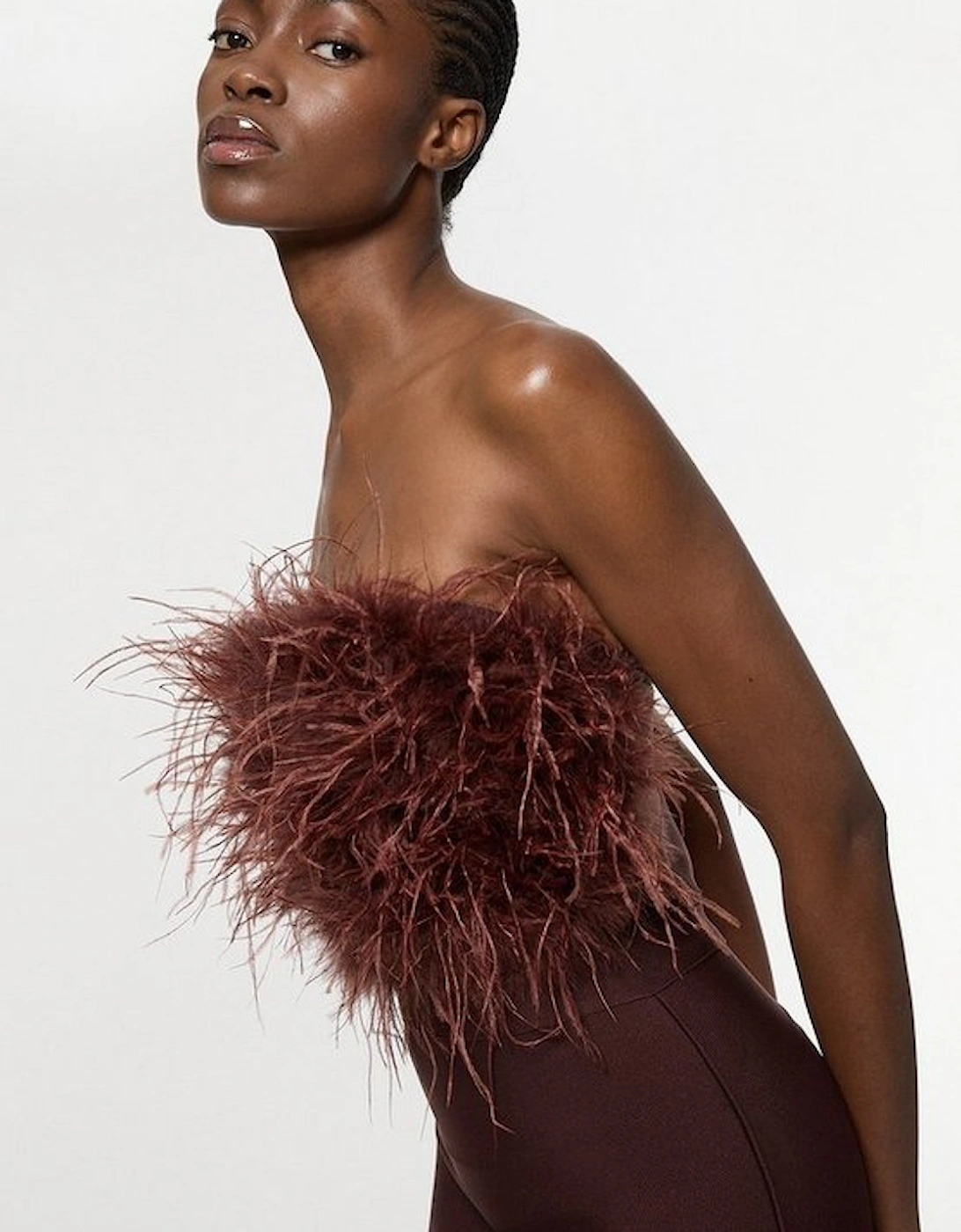 Figure Form Bandage Feather Detail Bandeau Knit Midi Dress