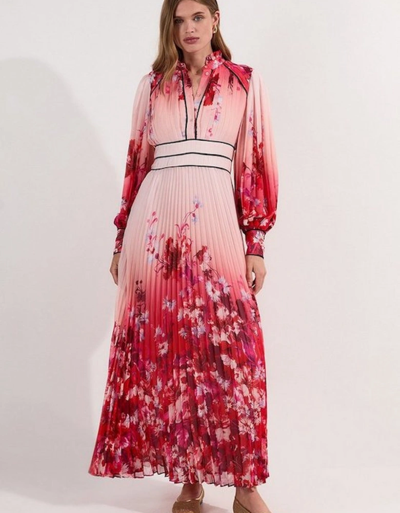 Scattered Floral Print Pleated Maxi Dress