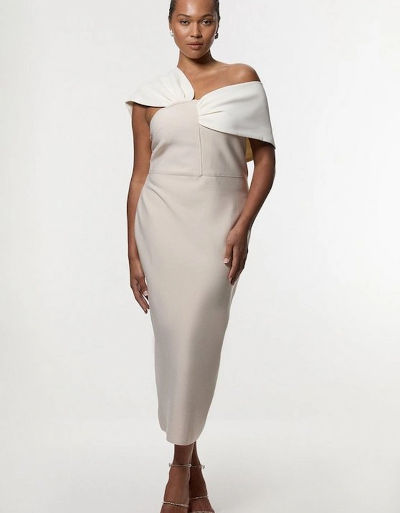 Plus Size Figure Form Bandage Knit Asymmetric Strap Midi Dress