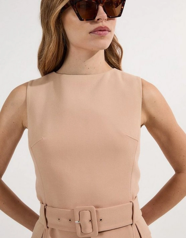 Petite Compact Essential Belted Tailored Midi Dress