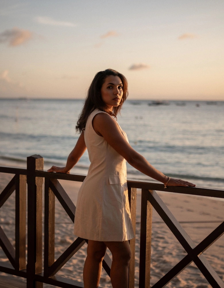 White Linen Button Through Mini shirt Dress