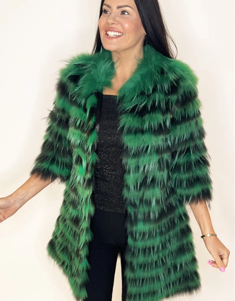 Green White Fox & Leather Coat in Emerald Green