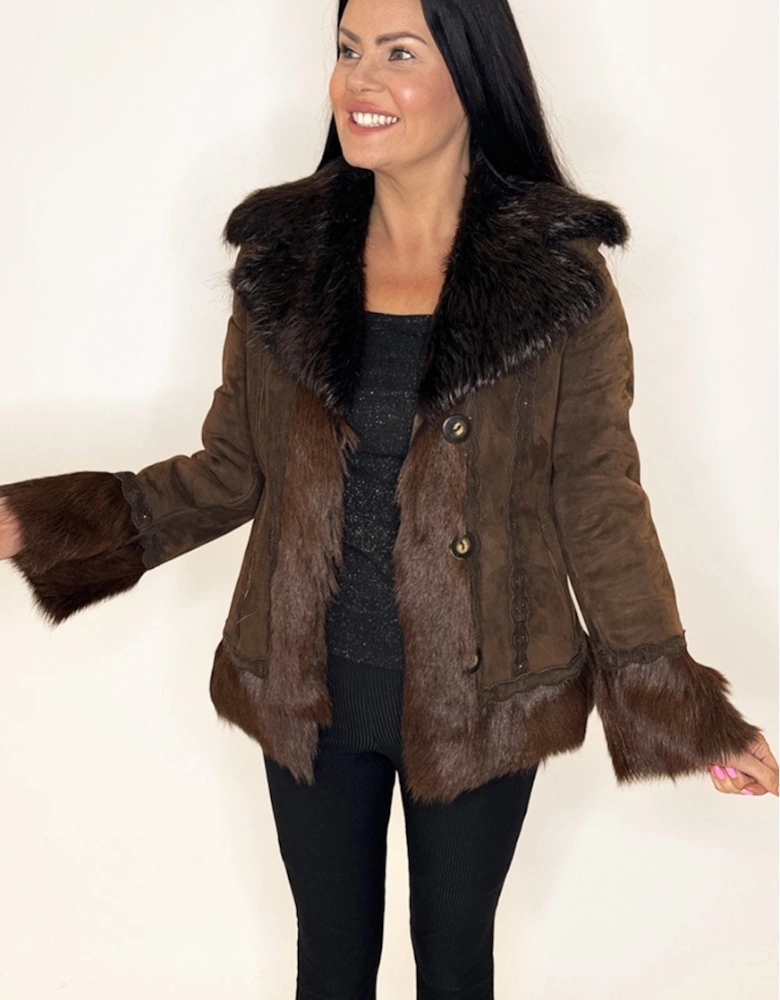 Brown White Fox & Leather Coat