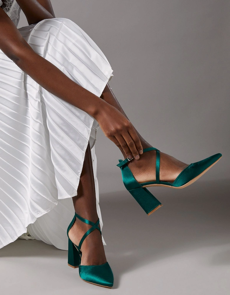 Wide Fit Treat Satin Cross Strap Pointed Block Heel Court Shoes