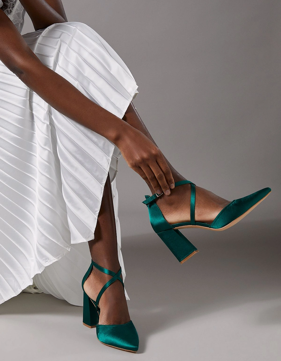Wide Fit Treat Satin Cross Strap Pointed Block Heel Court Shoes, 2 of 1