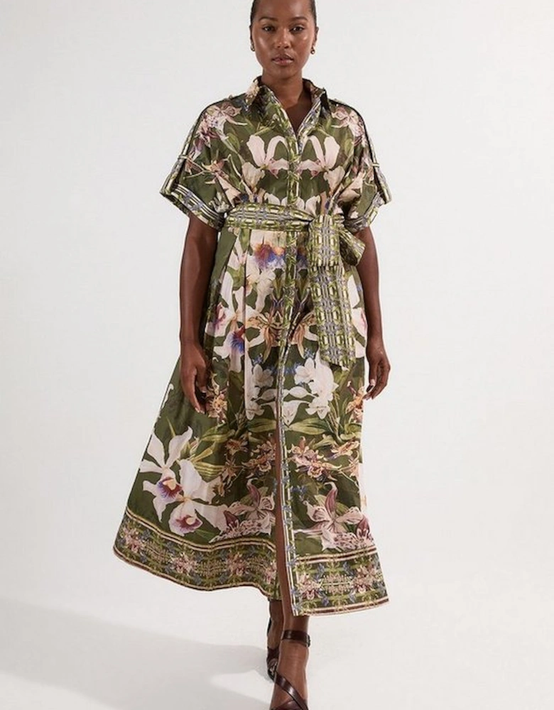 Plus Size Cotton Sateen Floral Woven Belted Maxi Shirt Dress