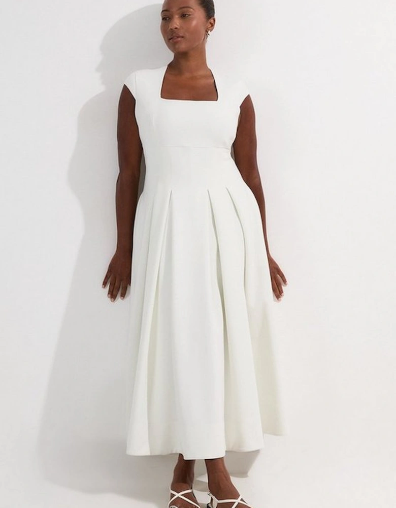 Plus Size Compact Stretch Tailored Square Neck Full Skirted Midi Dress