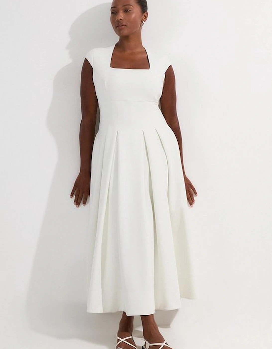 Plus Size Compact Stretch Tailored Square Neck Full Skirted Midi Dress, 2 of 1