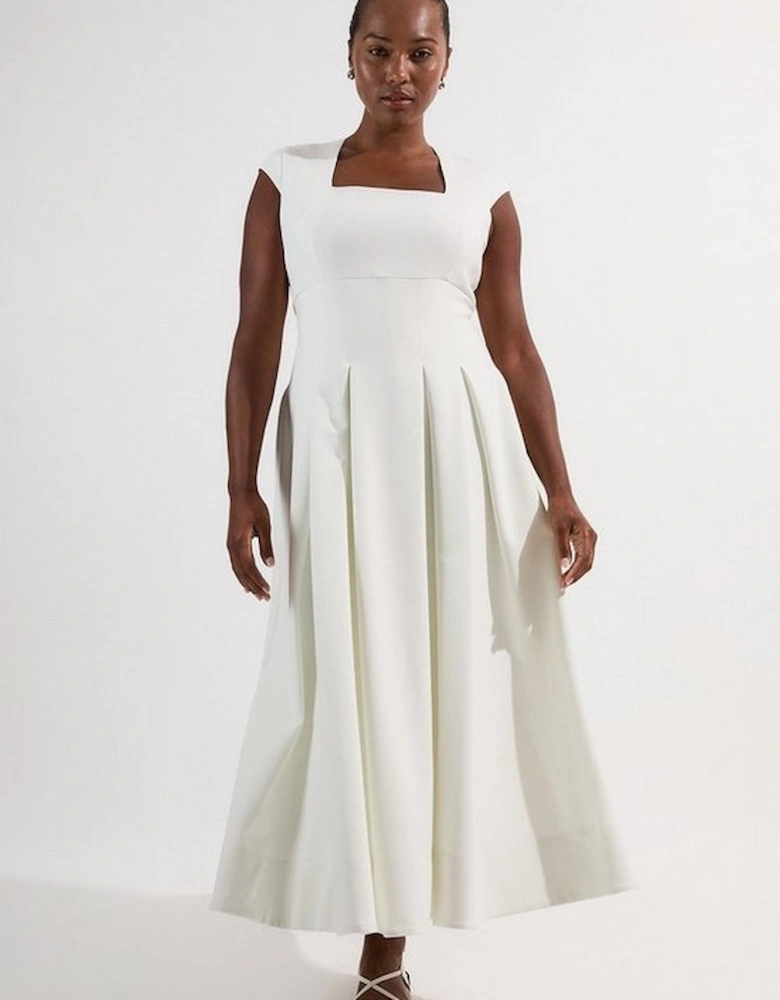 Plus Size Compact Stretch Tailored Square Neck Full Skirted Midi Dress