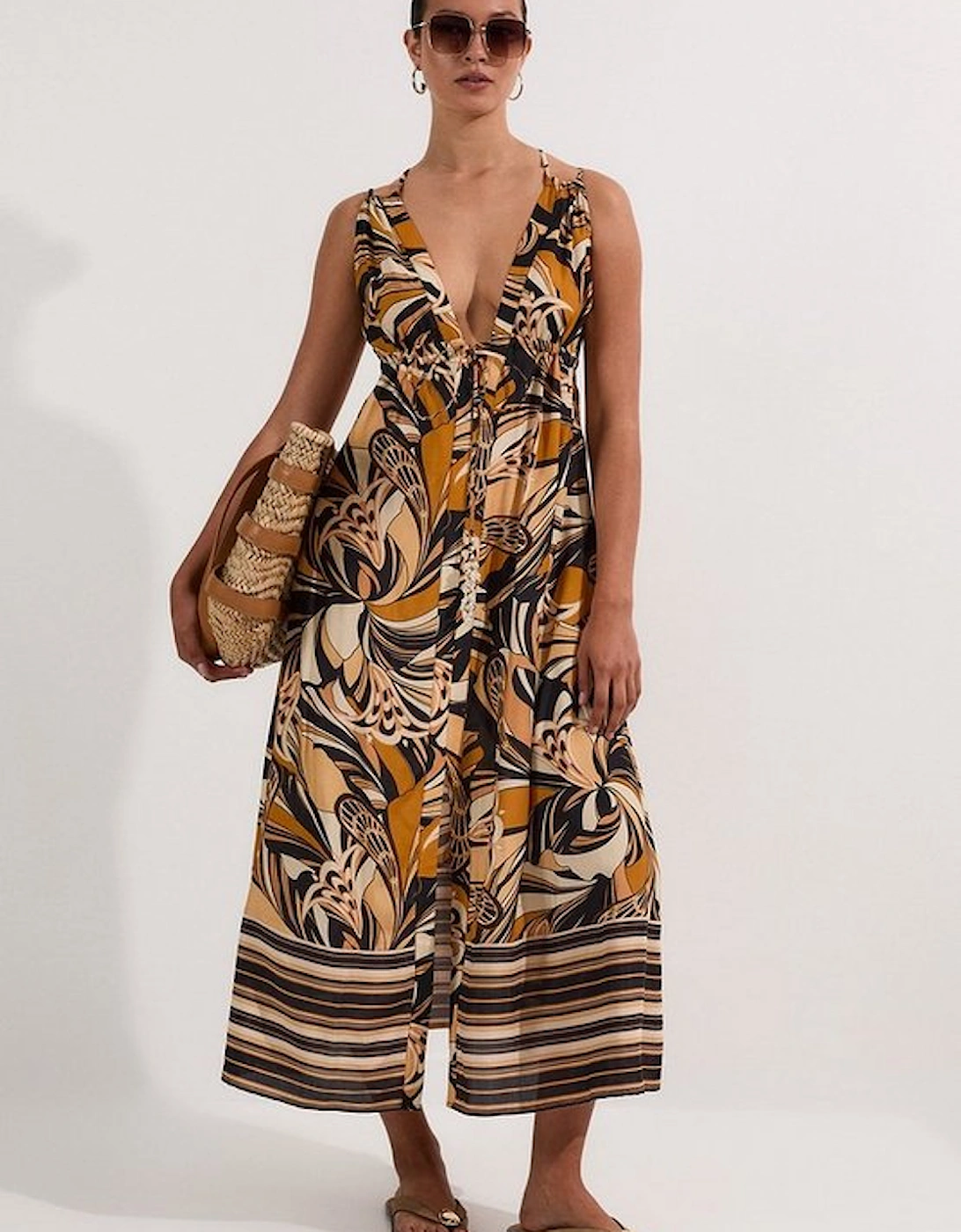 Petite Beach Border Print Spun Viscose Strappy Maxi Dress, 2 of 1