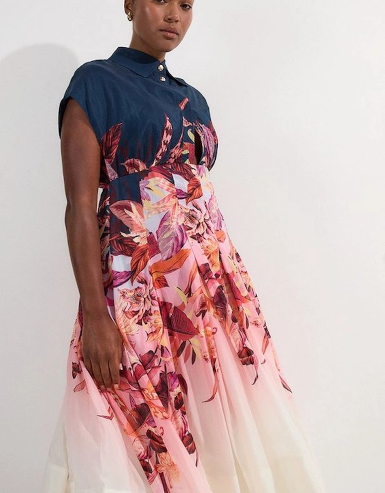 Plus Size Tropical Floral Silk Cotton Woven High Neck Woven Maxi Dress