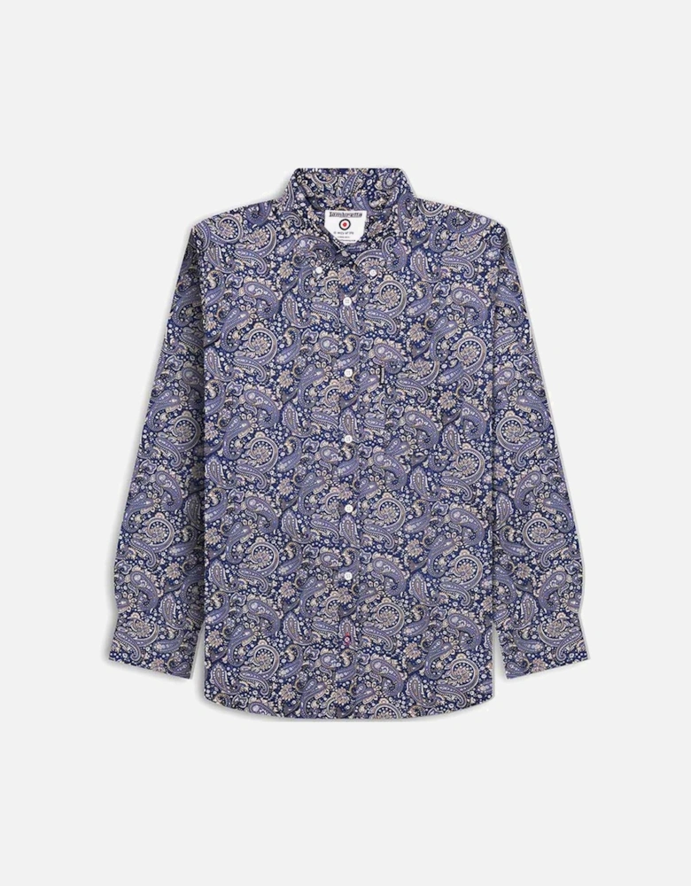 Mens All Over Paisley Pattern Long Sleeve Smart Shirt - Navy