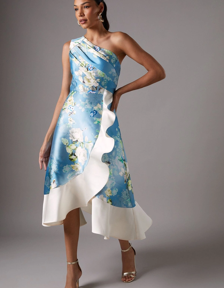 One Shoulder Seam Detail Ruffle Midi Dress
