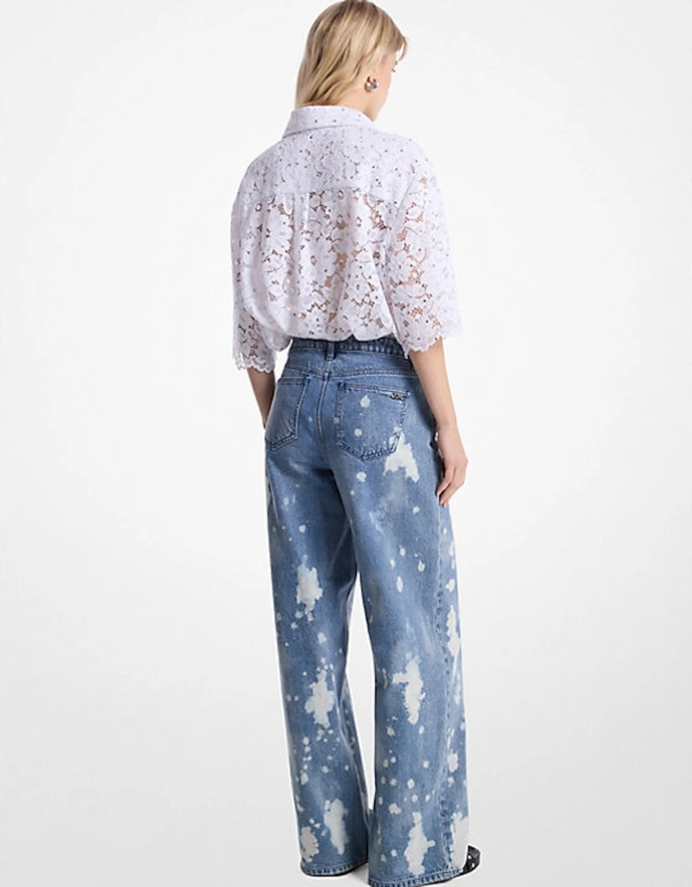 Hand-Splattered Bleach Denim Wide-Leg Jean