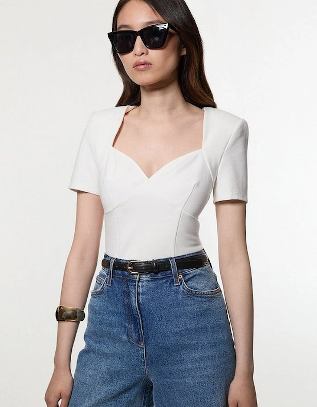 Ponte Short Sleeve Sweetheart Neckline Bodysuit, 2 of 1
