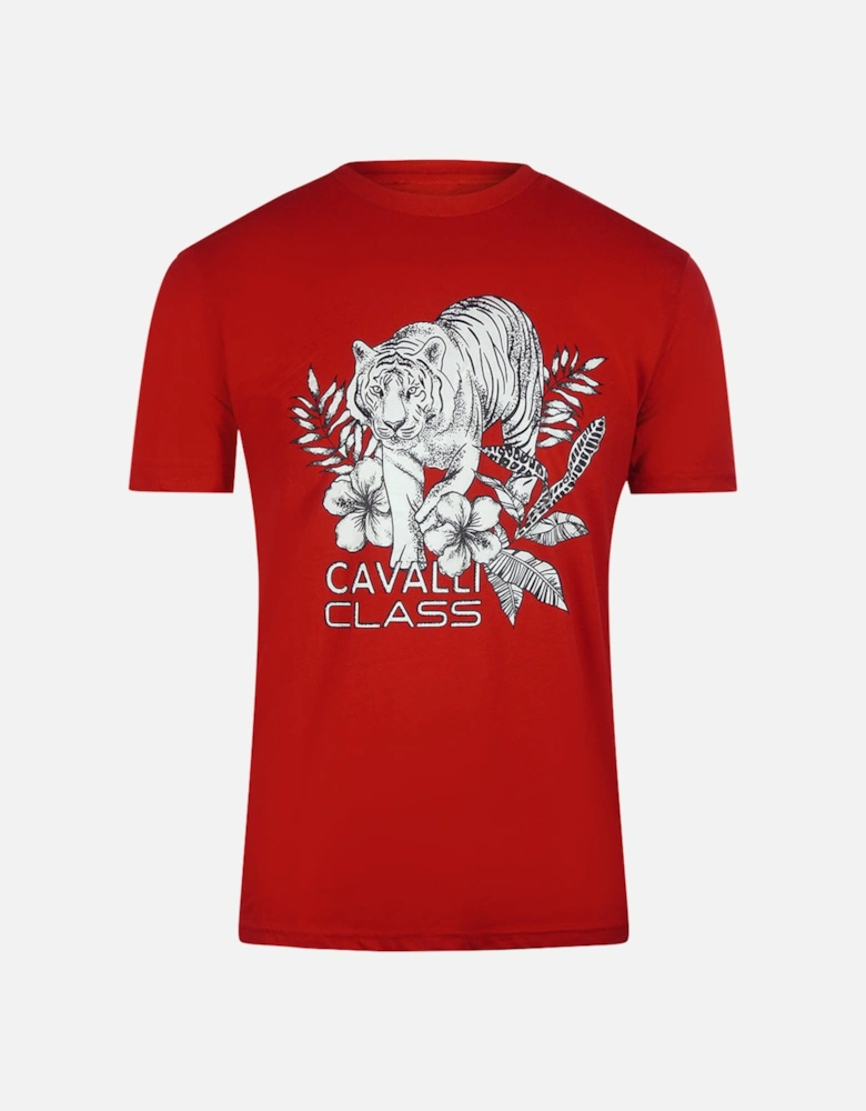 Cavalli Class Tiger Floral Logo Red T-Shirt
