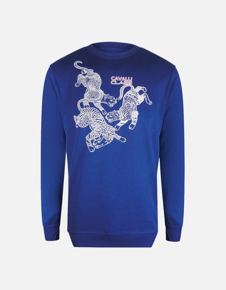 Cavalli Class Paisley Leopards Iris Blue Round Neck Sweatshirt