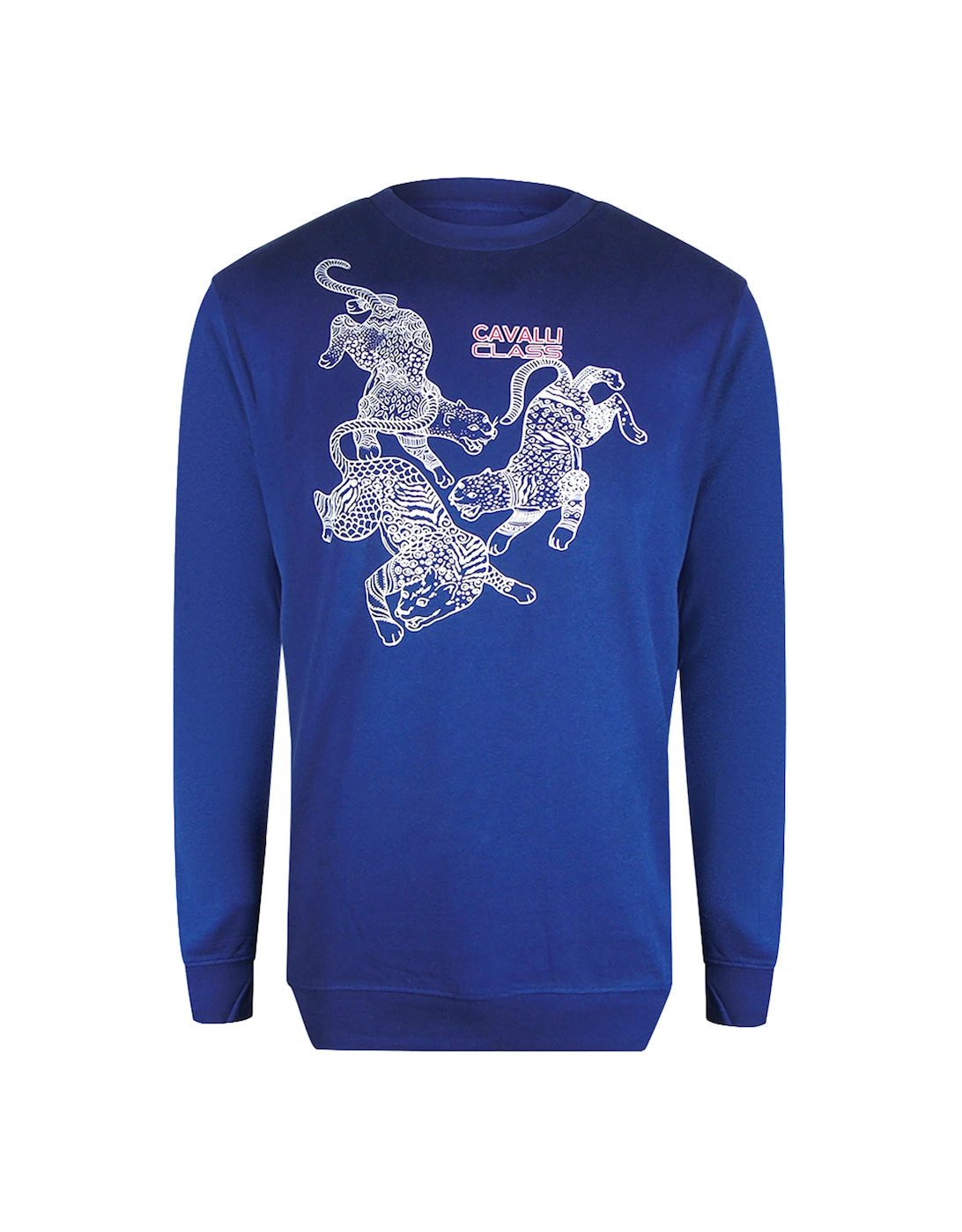 Men's Cavalli Class Paisley Leopards Iris Blue Round Neck Sweatshirt - Size: M