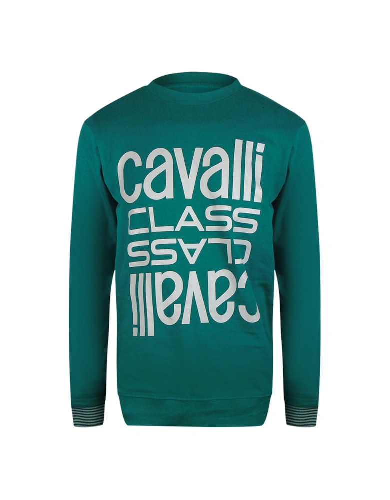 Cavalli Class Bold Multi Logo Green Ottanio Round Neck Sweatshirt