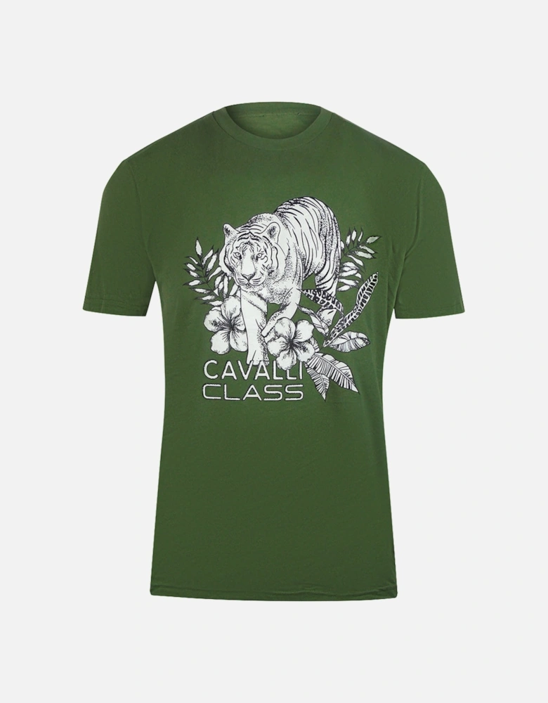 Cavalli Class Tiger Floral Logo Military Green T-Shirt