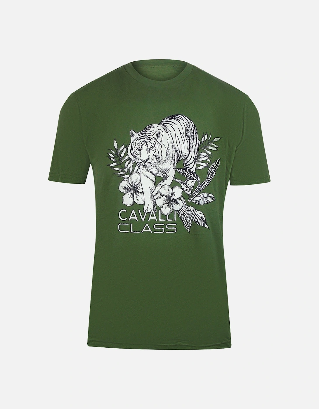 Cavalli Class Tiger Floral Logo Military Green T-Shirt, 3 of 2