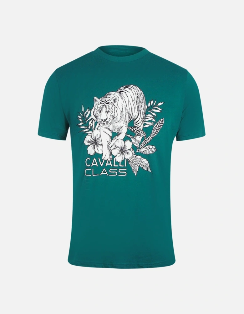 Cavalli Class Tiger Floral Logo Green T-Shirt