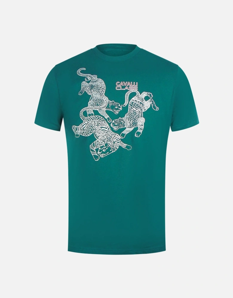 Cavalli Class Paisley Leopards Logo Green T-Shirt