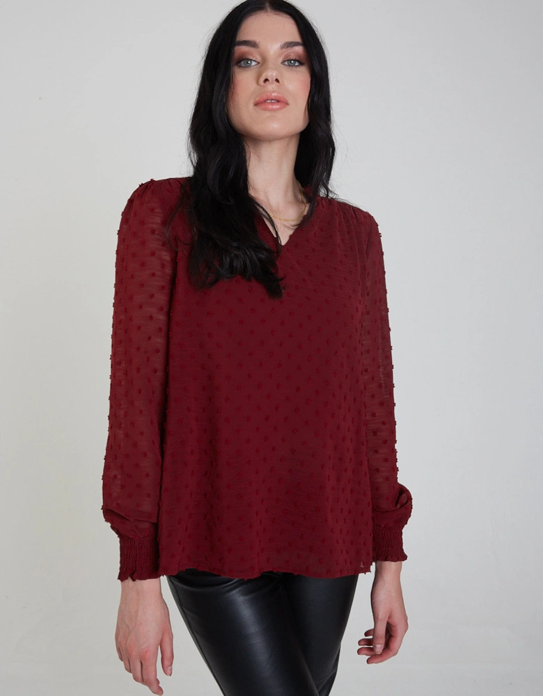 Burgundy Dobby Chiffon Long Sleeve Blouse