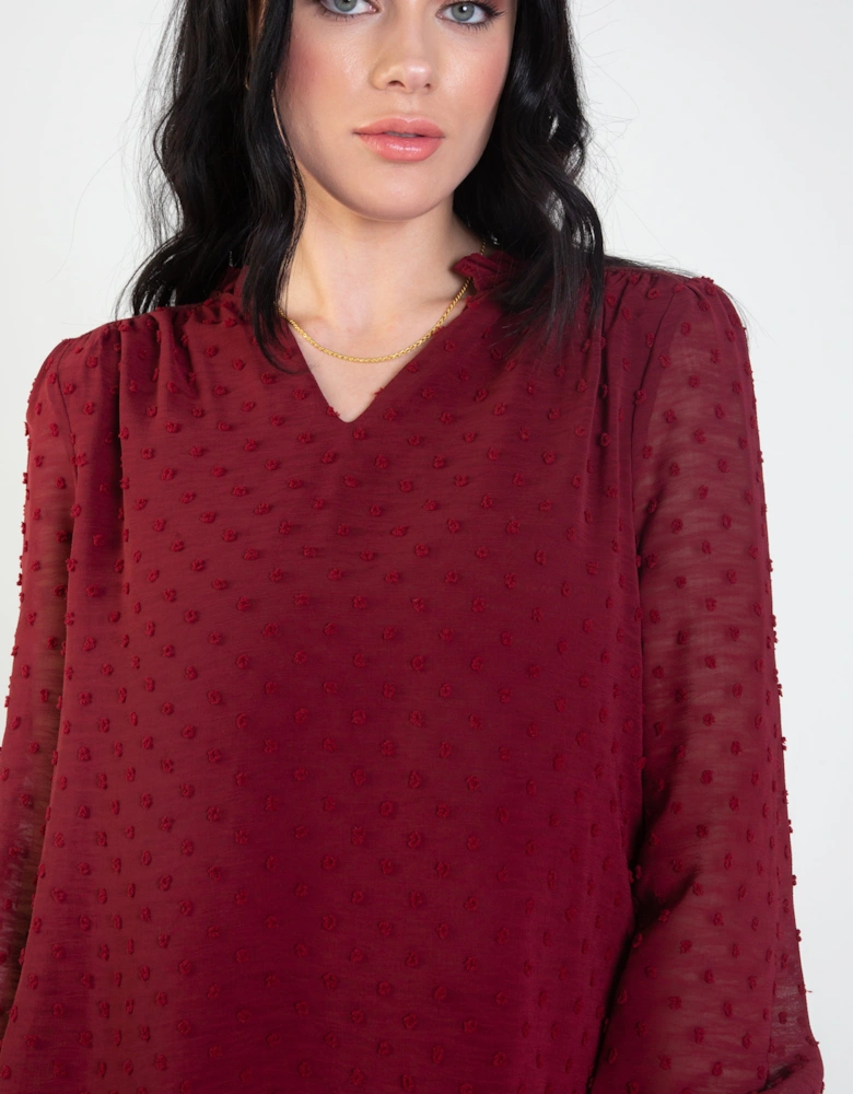 Burgundy Dobby Chiffon Long Sleeve Blouse