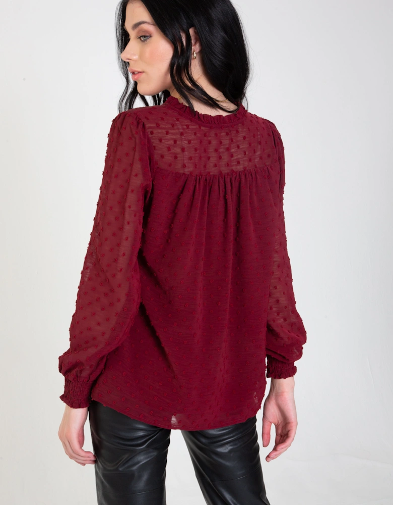 Burgundy Dobby Chiffon Long Sleeve Blouse