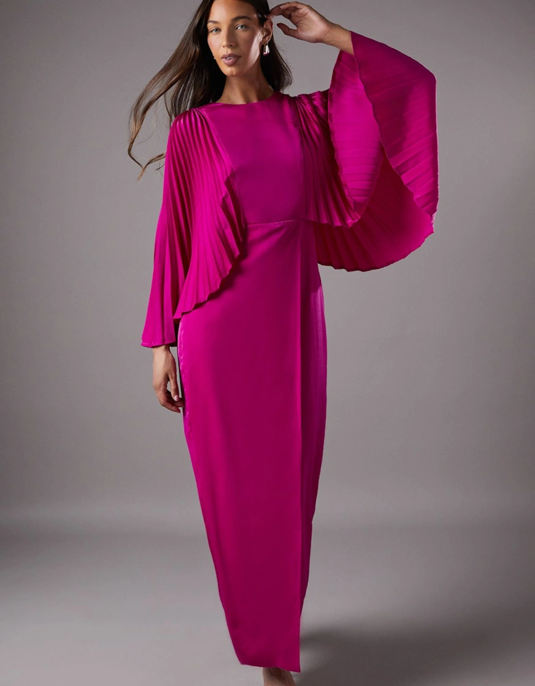 Short Sleeve Pleated Cape Satin Maxi Dress