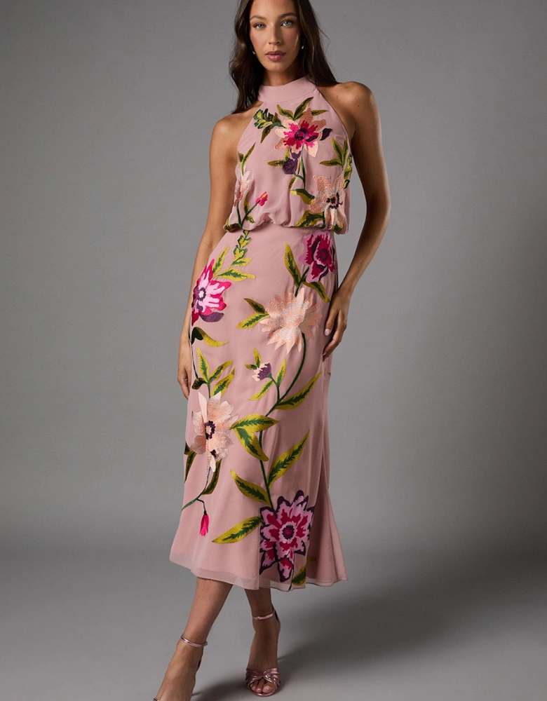 High Neck Midi Dress With Floral Embroidery