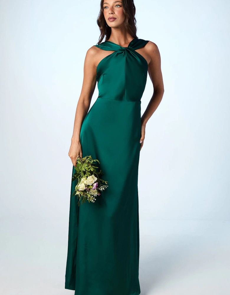 Twisted Halterneck Satin Maxi Dress