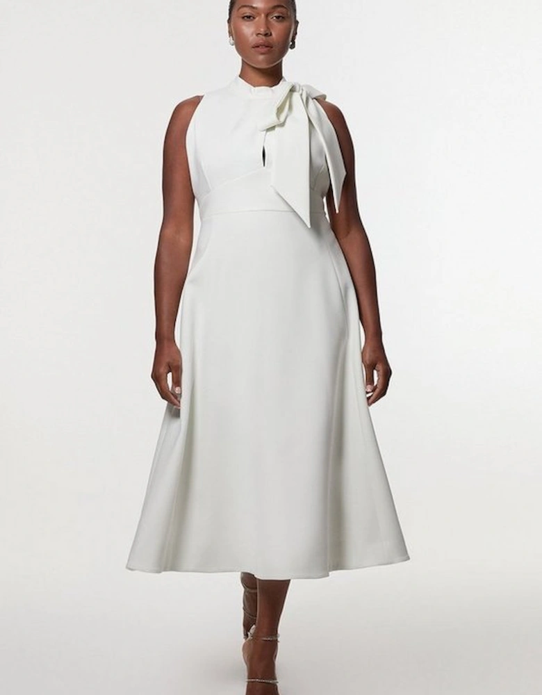 Plus Size Compact Stretch Tie Neck Full Skirted Midi Dress
