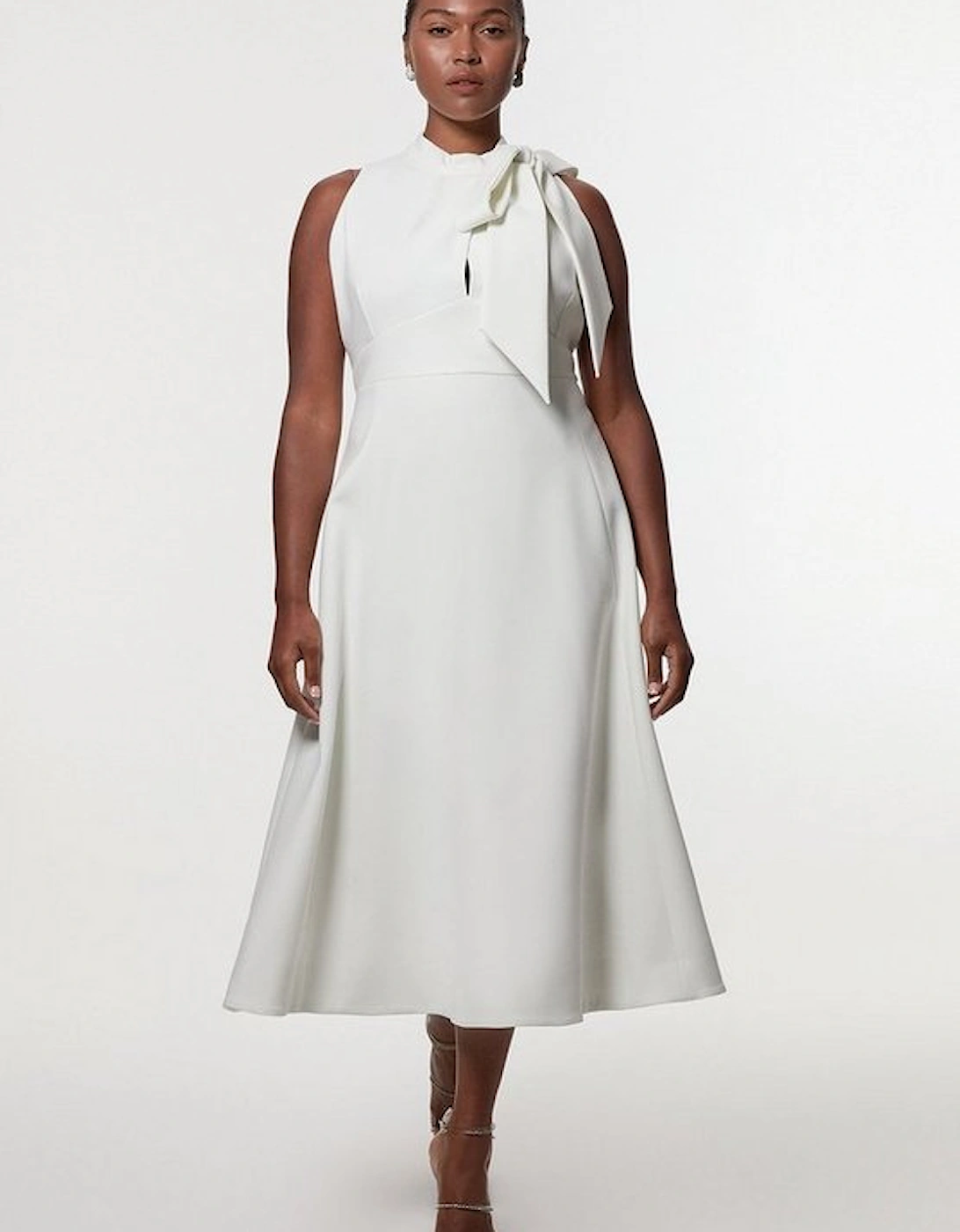 Plus Size Compact Stretch Tie Neck Full Skirted Midi Dress, 4 of 3