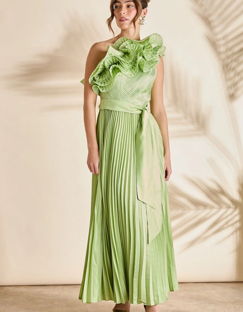 Ruffle One Shoulder Pleated Skirt Maxi Dress