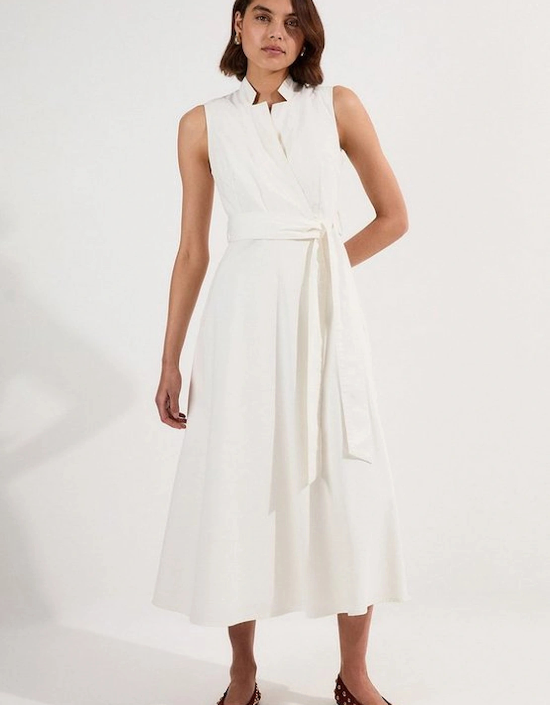 Petite Denim Tailored Notch Neck Belted Fluid Midi Dress, 2 of 1