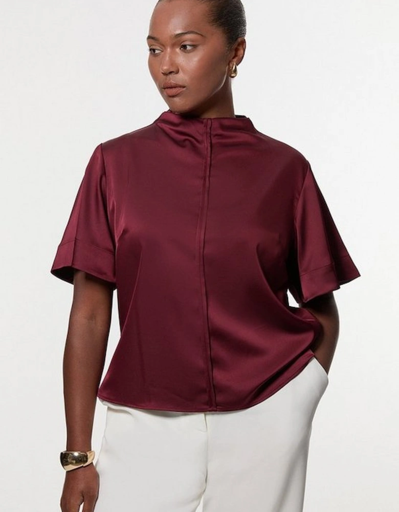 Plus Size Top Stitch Satin Woven Short Sleeve Top