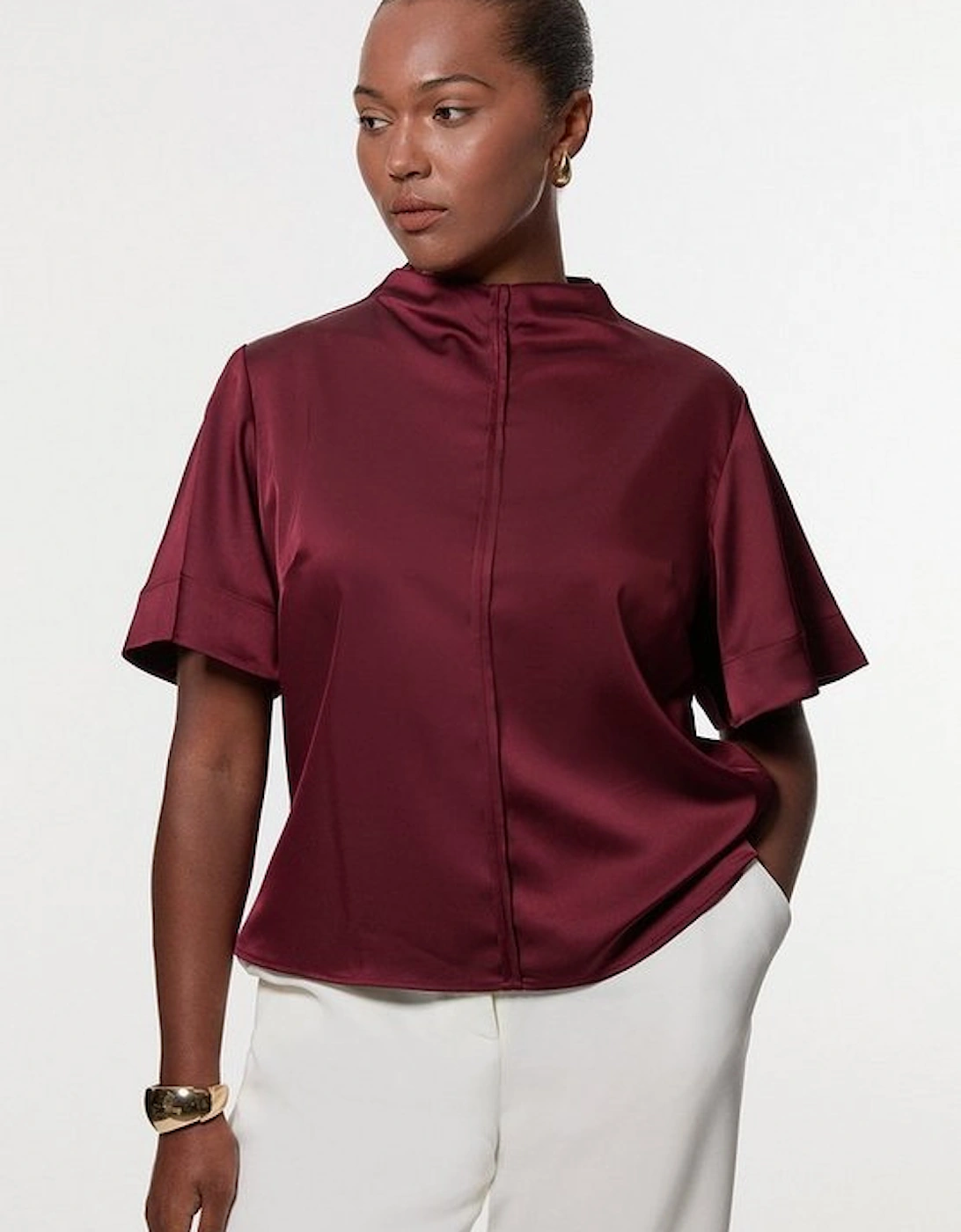 Plus Size Top Stitch Satin Woven Short Sleeve Top, 5 of 4