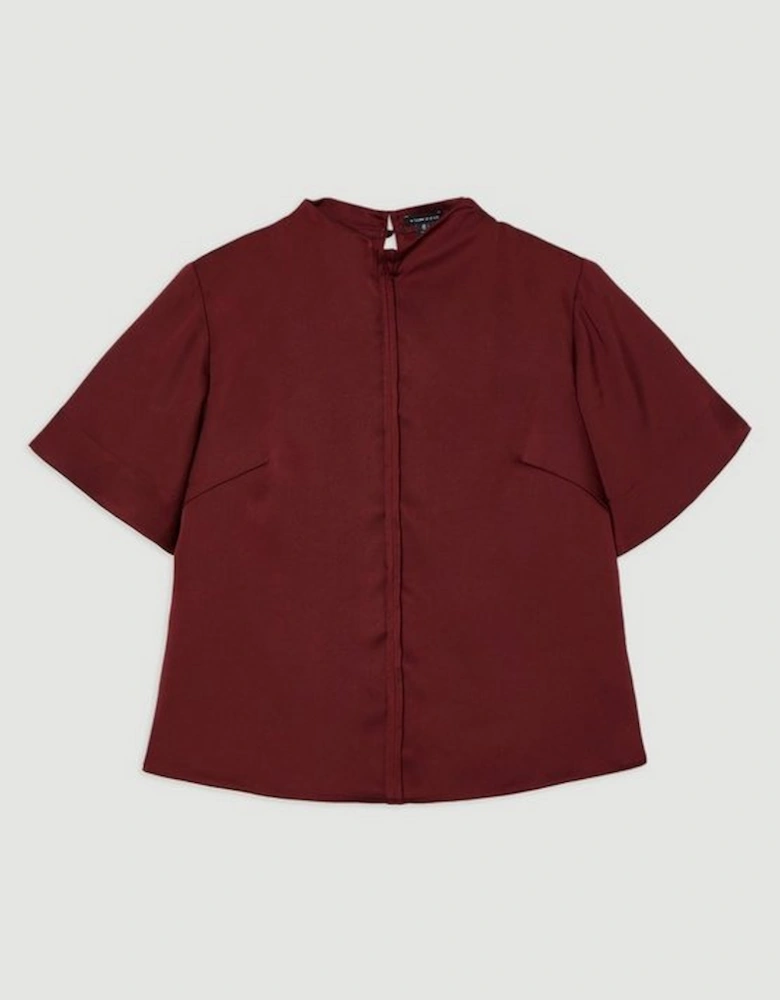 Plus Size Top Stitch Satin Woven Short Sleeve Top