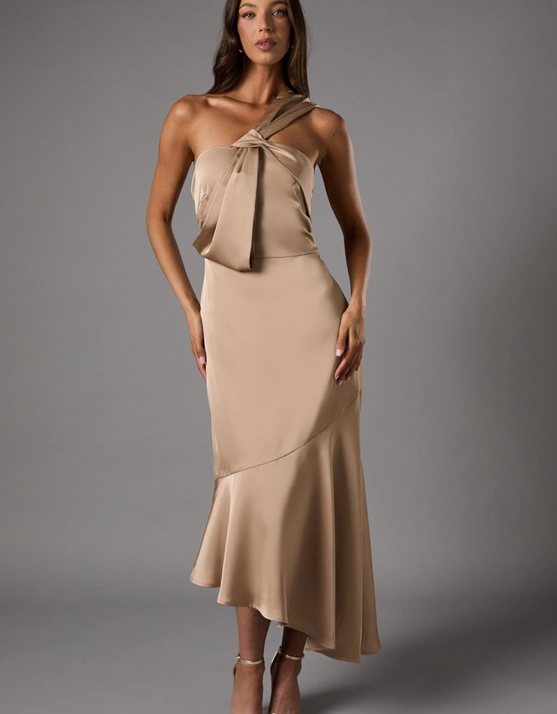 Bow One Shoulder Asymmetric Satin Midi Dress