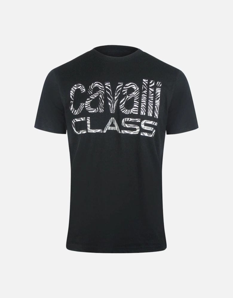Cavalli Class Bold Zebra Print Logo Black T-Shirt