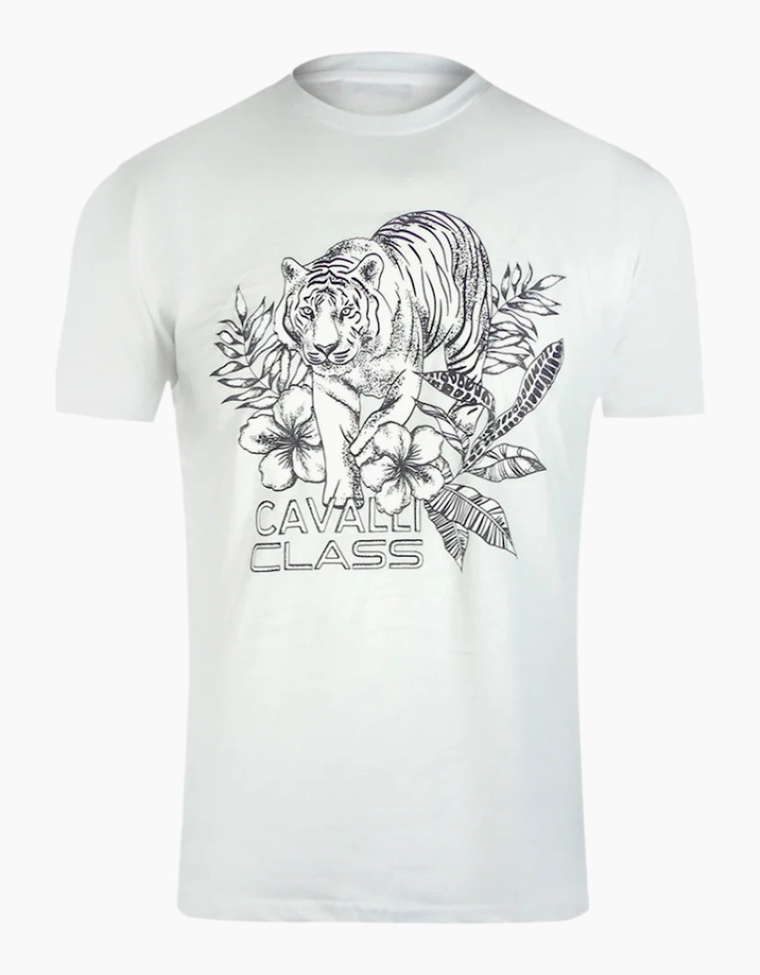 Men's Cavalli Class Tiger Floral Logo White T-Shirt - Size: 42