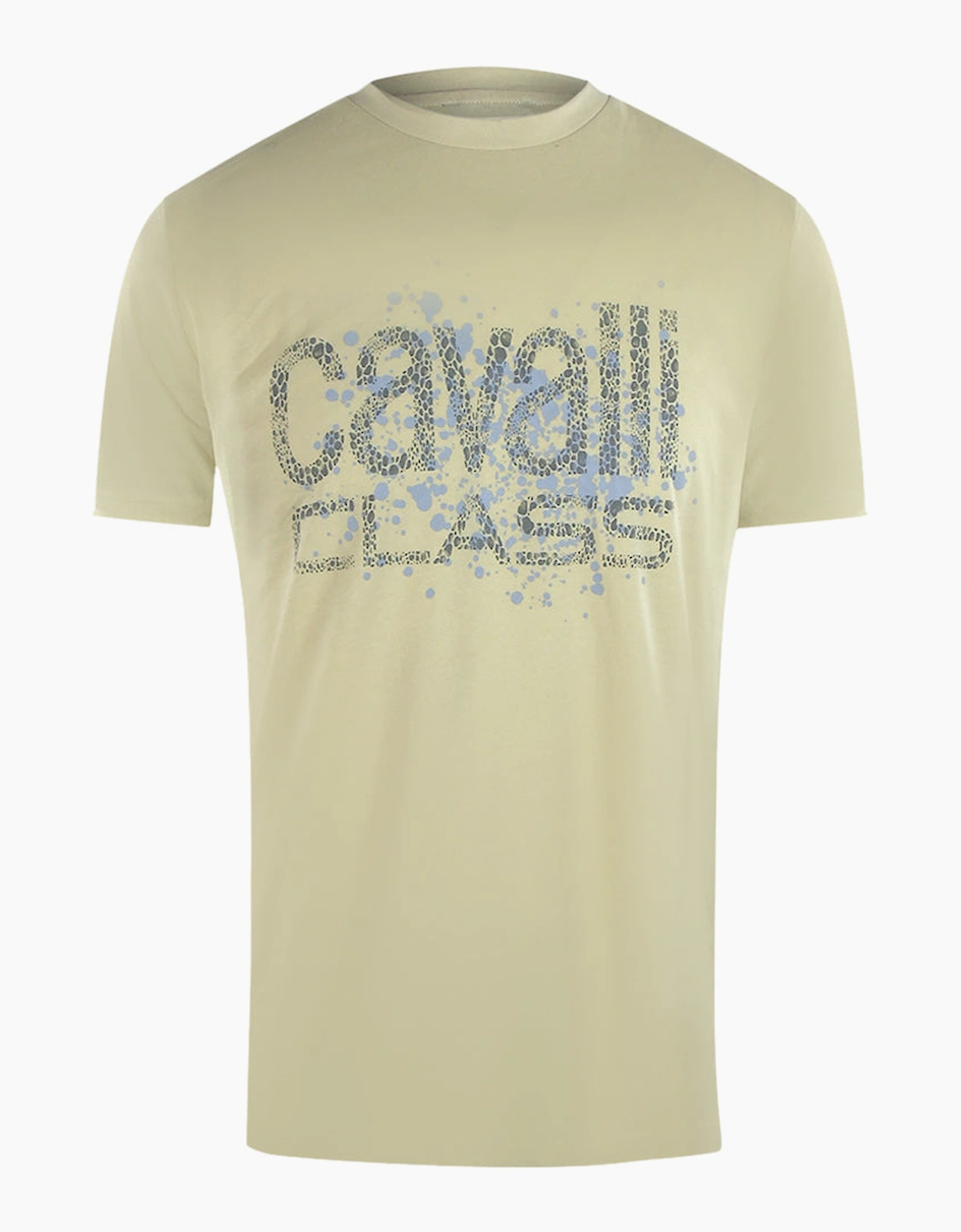 Roberto Cavalli Men's Green Cavalli Class Cracked Sprayed Logo Beige Sand T-Shirt - Size: 42