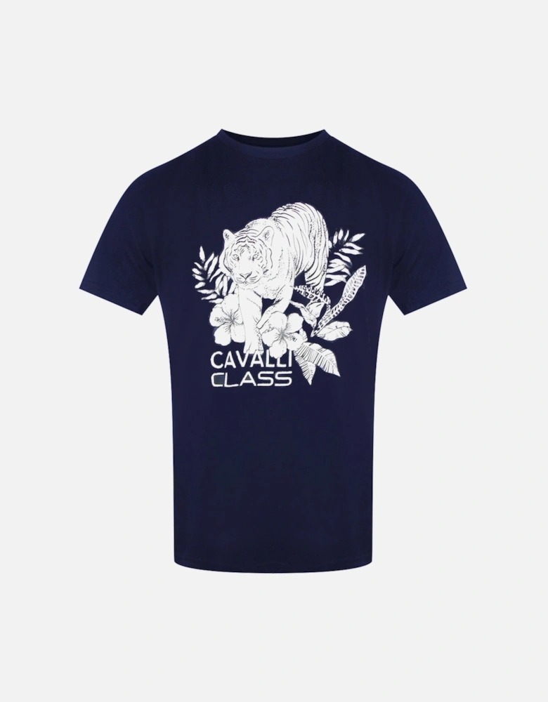Cavalli Class Tiger Floral Logo Navy T-Shirt