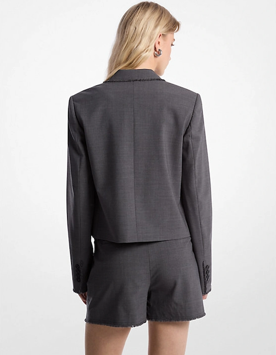 Frayed Stretch Tropical Wool Cropped Blazer